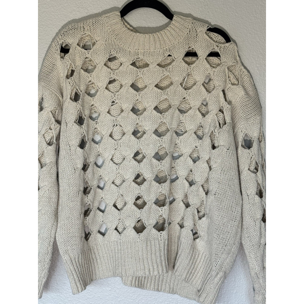 Cream Open-Knit Crew Neck Sweater